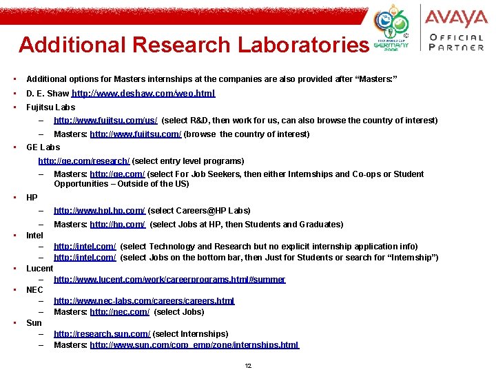 Additional Research Laboratories • Additional options for Masters internships at the companies are also Additional Research Laboratories • Additional options for Masters internships at the companies are also
