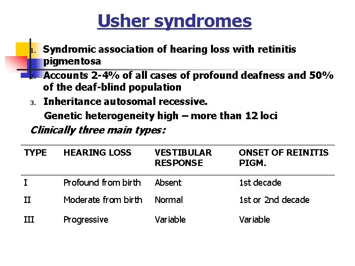 Usher syndromes 1. 2. 3. Syndromic association of hearing loss with retinitis pigmentosa Accounts