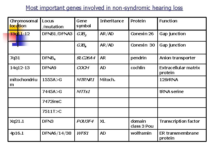 Most important genes involved in non-syndromic hearing loss Chromosomal location Locus /mutation 13 q