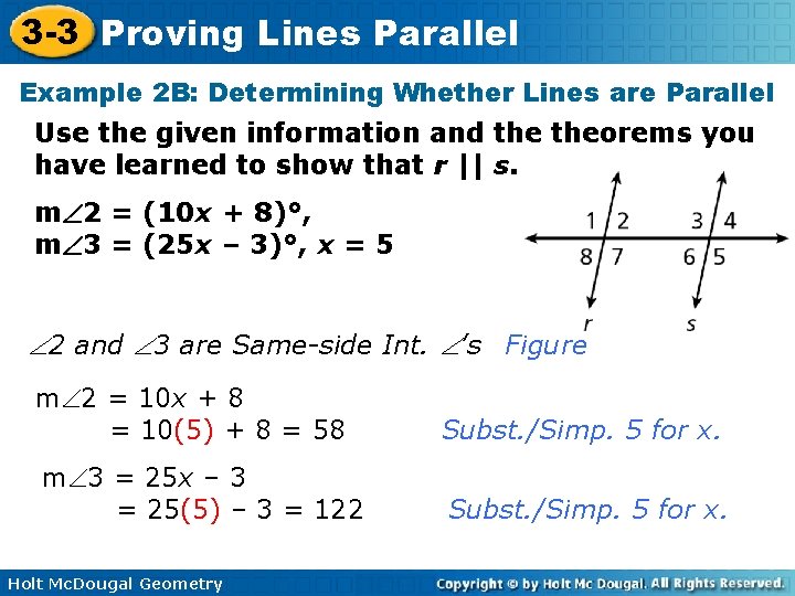 3 -3 Proving Lines Parallel Example 2 B: Determining Whether Lines are Parallel Use