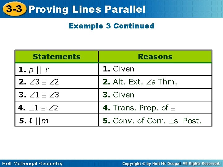 3 -3 Proving Lines Parallel Example 3 Continued Statements Reasons 1. p || r