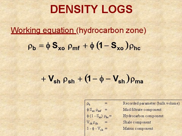 DENSITY LOGS Working equation (hydrocarbon zone) b = Recorded parameter (bulk volume) Sxo mf