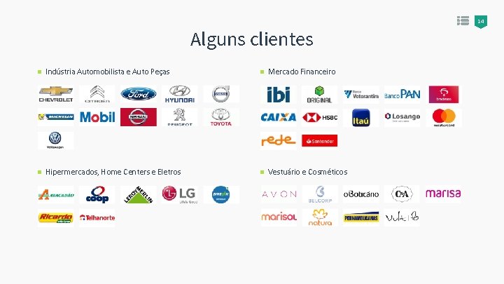 14 Alguns clientes Indústria Automobilista e Auto Peças Mercado Financeiro Hipermercados, Home Centers e