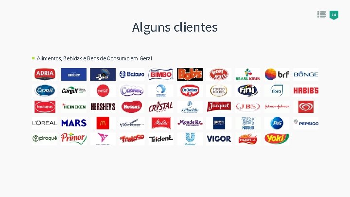 14 Alguns clientes Alimentos, Bebidas e Bens de Consumo em Geral 
