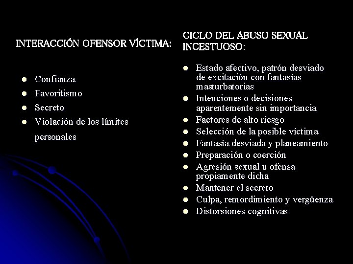 INTERACCIÓN OFENSOR VÍCTIMA: CICLO DEL ABUSO SEXUAL INCESTUOSO: l l l Confianza Favoritismo Secreto