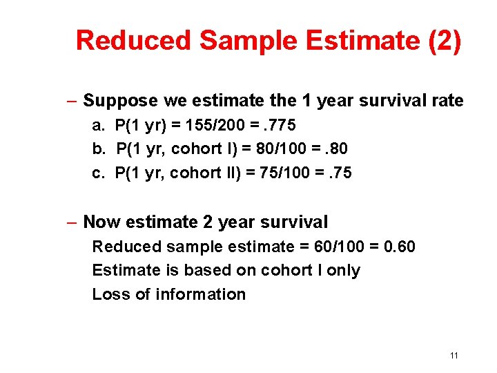 Reduced Sample Estimate (2) – Suppose we estimate the 1 year survival rate a.