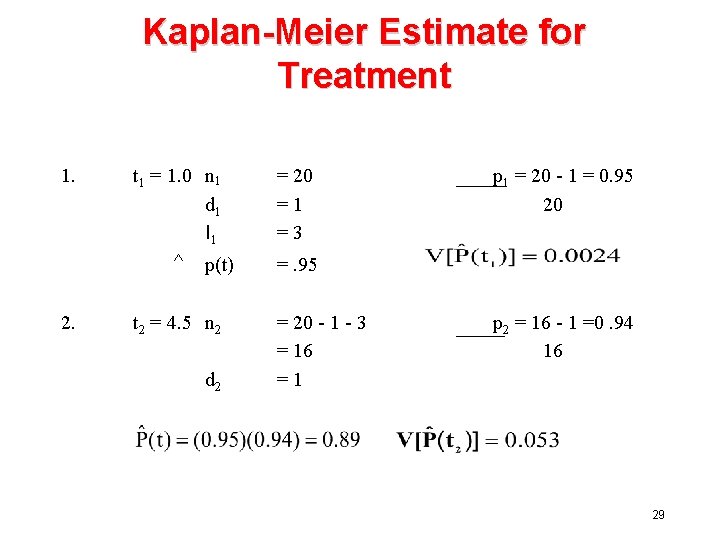 Kaplan-Meier Estimate for Treatment 1. t 1 = 1. 0 n 1 d 1