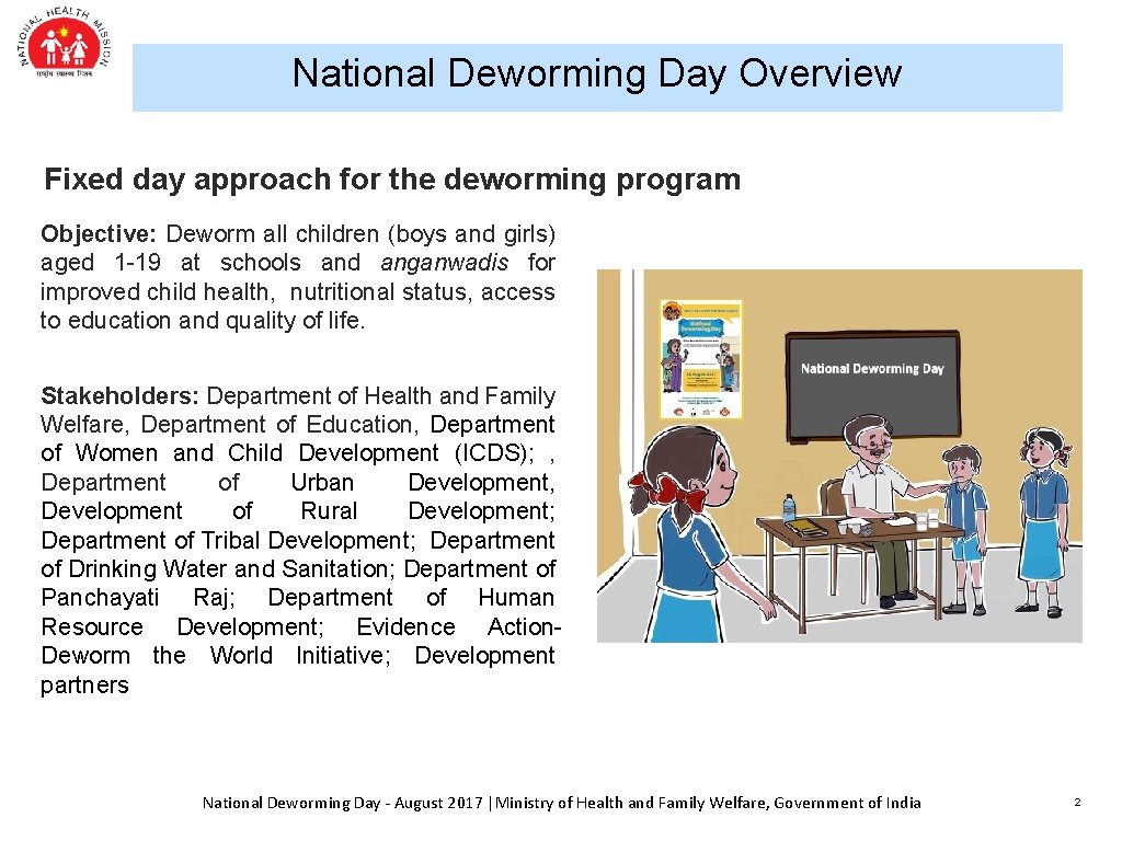 National Deworming Day Overview Fixed day approach for the deworming program Objective: Deworm all