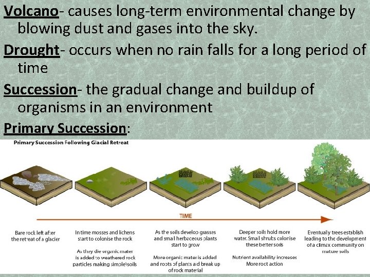 Volcano- causes long-term environmental change by blowing dust and gases into the sky. Drought-