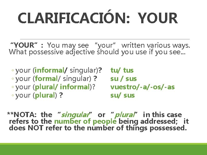 CLARIFICACIÓN: YOUR “YOUR”: You may see “your” written various ways. What possessive adjective should