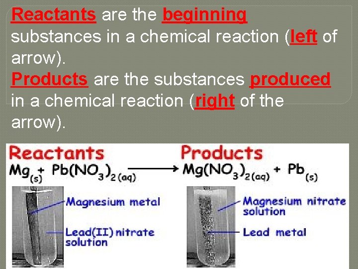 Reactants are the beginning substances in a chemical reaction (left of arrow). Products are