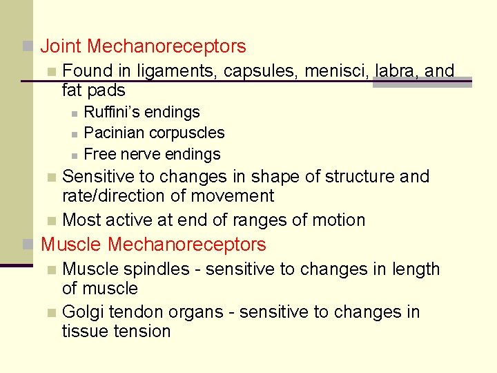 n Joint Mechanoreceptors n Found in ligaments, capsules, menisci, labra, and fat pads n