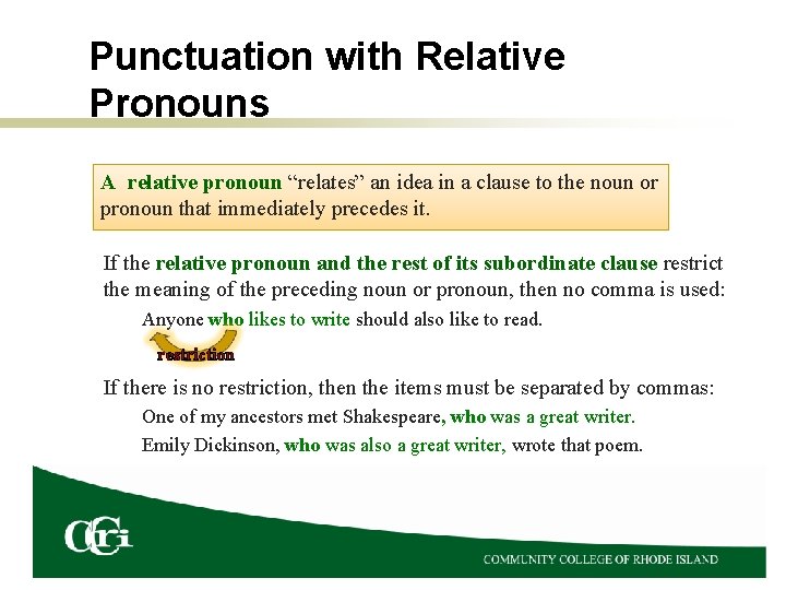 Punctuation with Relative Pronouns A relative pronoun “relates” an idea in a clause to
