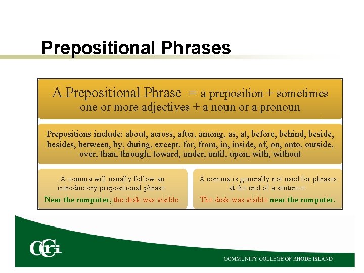 Prepositional Phrases A Prepositional Phrase = a preposition + sometimes one or more adjectives