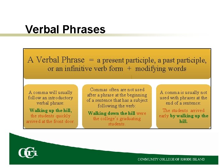 Verbal Phrases A Verbal Phrase = a present participle, a past participle, or an
