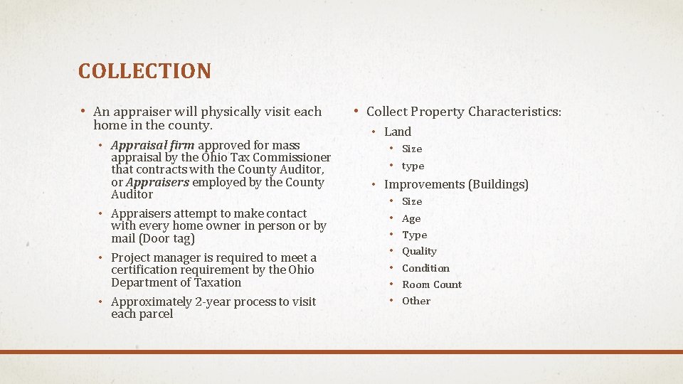 COLLECTION • An appraiser will physically visit each home in the county. • Appraisal