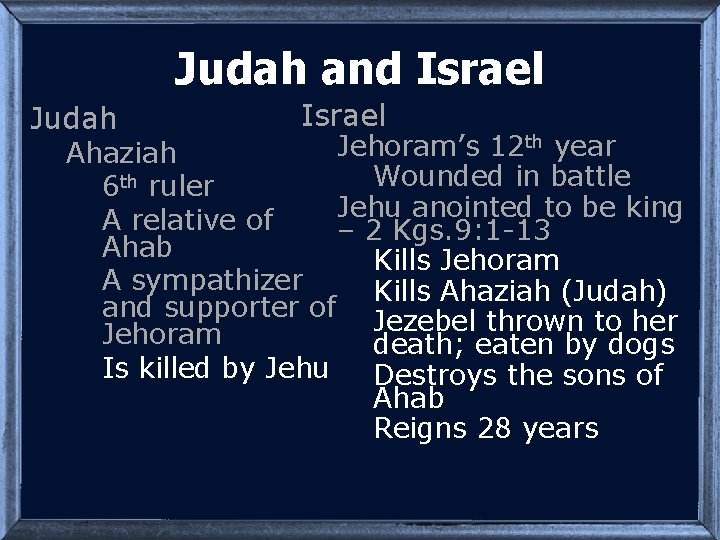 Judah and Israel Judah Israel th year Jehoram’s 12 Ahaziah Wounded in battle 6