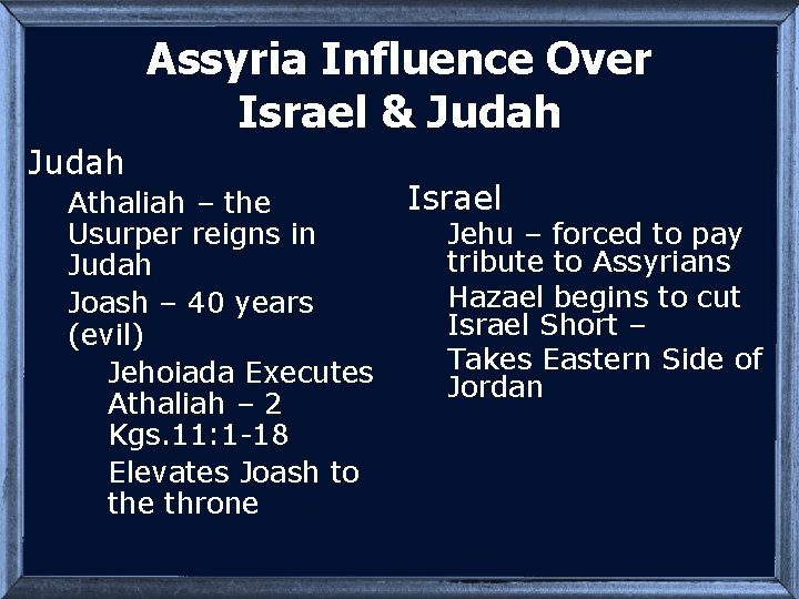 Assyria Influence Over Israel & Judah Athaliah – the Usurper reigns in Judah Joash