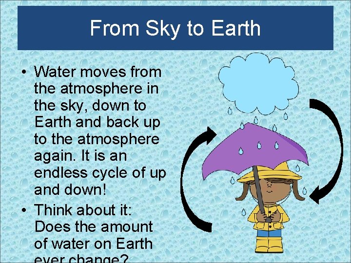From Sky to Earth • Water moves from the atmosphere in the sky, down