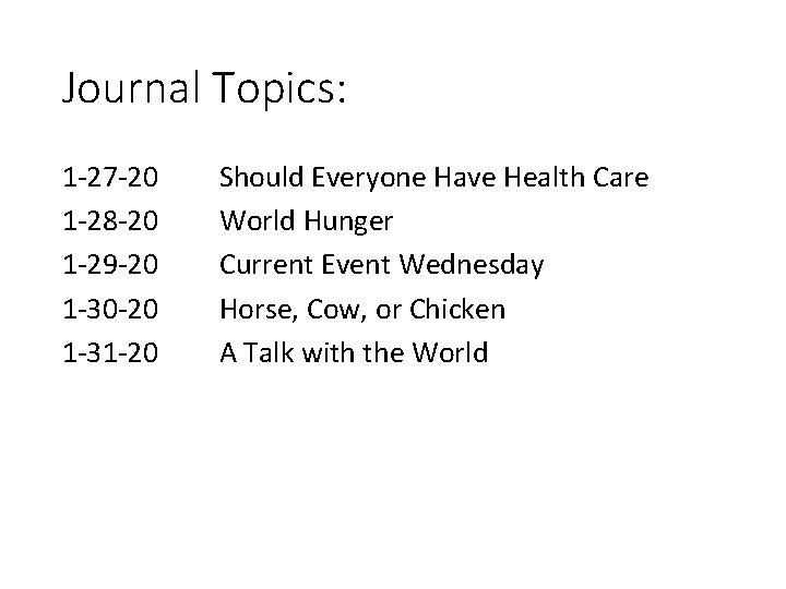 Journal Topics: 1 -27 -20 1 -28 -20 1 -29 -20 1 -30 -20