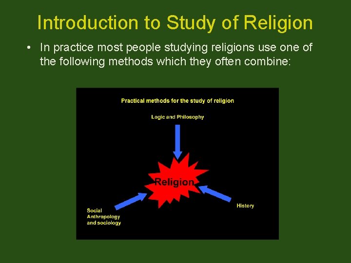 Introduction to Study of Religion • In practice most people studying religions use one