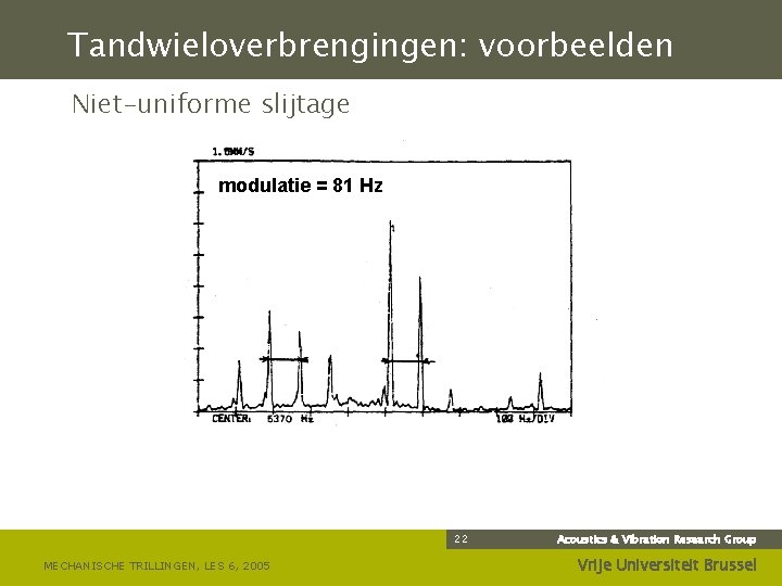 Tandwieloverbrengingen: voorbeelden Niet-uniforme slijtage modulatie = 81 Hz 22 MECHANISCHE TRILLINGEN, LES 6, 2005
