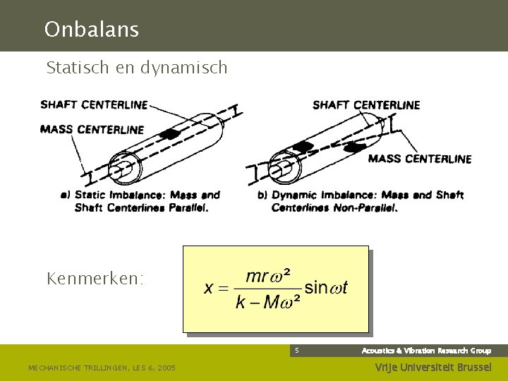 Onbalans Statisch en dynamisch Kenmerken: 5 MECHANISCHE TRILLINGEN, LES 6, 2005 Acoustics & Vibration