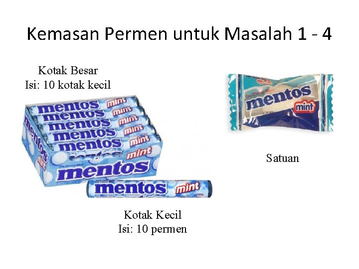 Kemasan Permen untuk Masalah 1 - 4 Kotak Besar Isi: 10 kotak kecil Satuan Kemasan Permen untuk Masalah 1 - 4 Kotak Besar Isi: 10 kotak kecil Satuan