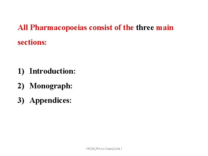All Pharmacopoeias consist of the three main sections: 1) Introduction: 2) Monograph: 3) Appendices:
