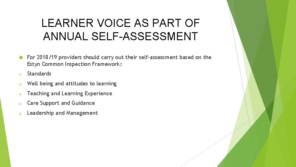 LEARNER VOICE AS PART OF ANNUAL SELF-ASSESSMENT For 2018/19 providers should carry out their LEARNER VOICE AS PART OF ANNUAL SELF-ASSESSMENT For 2018/19 providers should carry out their