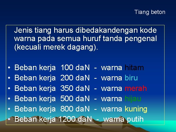 Tiang beton Jenis tiang harus dibedakandengan kode warna pada semua huruf tanda pengenal (kecuali