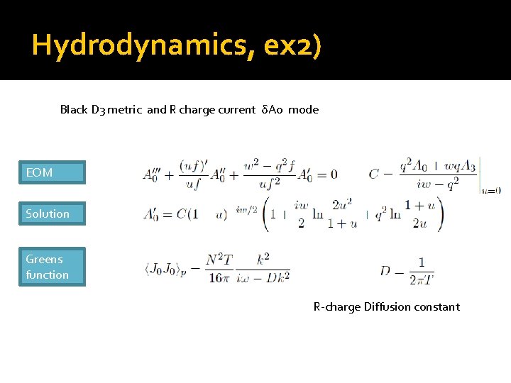 Hydrodynamics, ex 2) Black D 3 metric and R charge current δA 0 mode