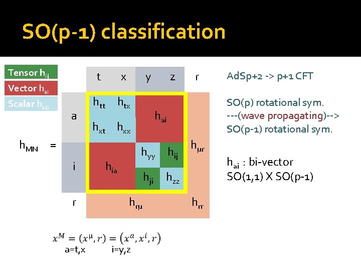 SO(p-1) classification Tensor hij Vector hai Scalar hab h. MN a t x y