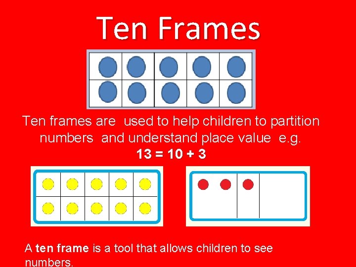 Ten Frames Ten frames are used to help children to partition numbers and understand
