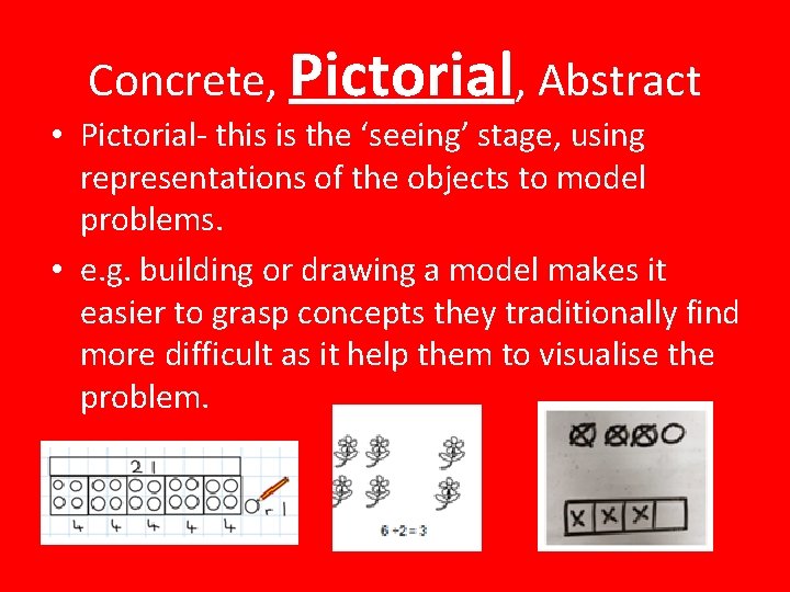 Concrete, Pictorial, Abstract • Pictorial- this is the ‘seeing’ stage, using representations of the