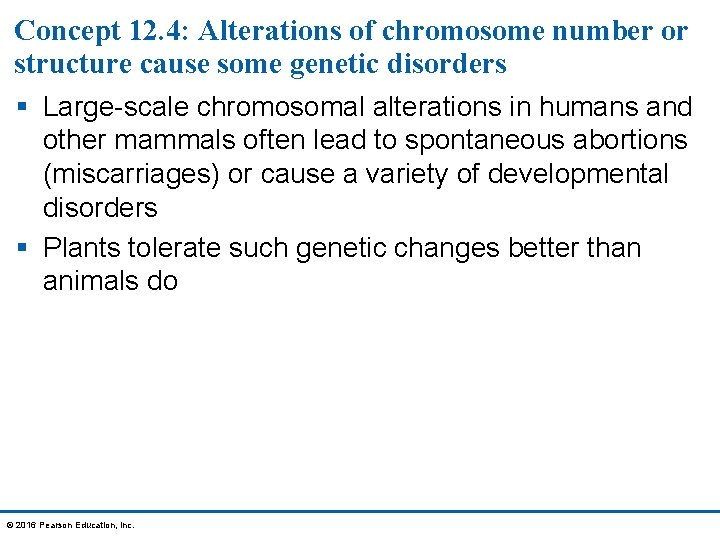 Concept 12. 4: Alterations of chromosome number or structure cause some genetic disorders §