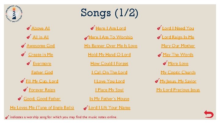 Songs (1/2) Above All Here I Am Lord I Need You All in All