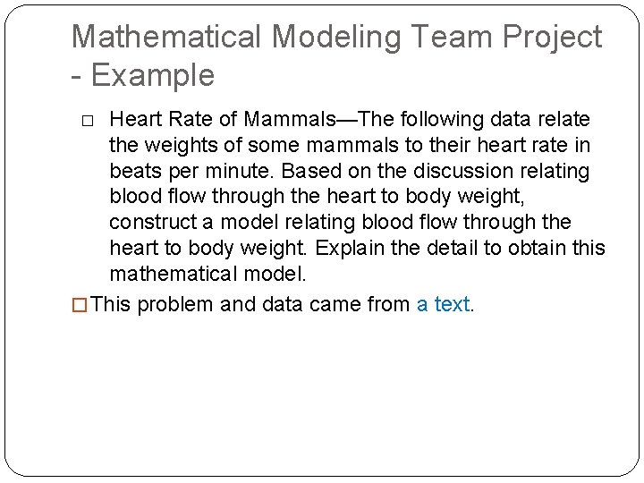 Mathematical Modeling Team Project - Example Heart Rate of Mammals—The following data relate the