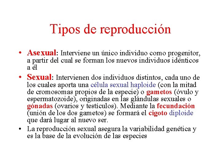 Tipos de reproducción • Asexual: Interviene un único individuo como progenitor, a partir del