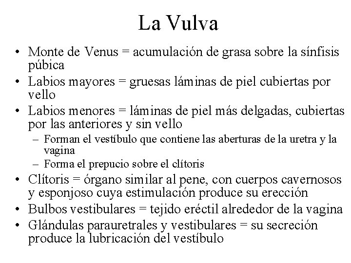 La Vulva • Monte de Venus = acumulación de grasa sobre la sínfisis púbica