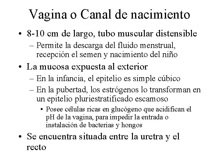 Vagina o Canal de nacimiento • 8 -10 cm de largo, tubo muscular distensible