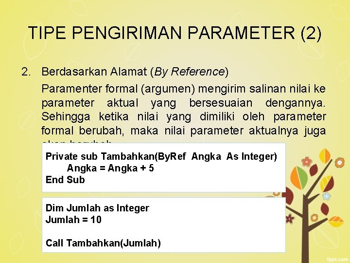 TIPE PENGIRIMAN PARAMETER (2) 2. Berdasarkan Alamat (By Reference) Paramenter formal (argumen) mengirim salinan