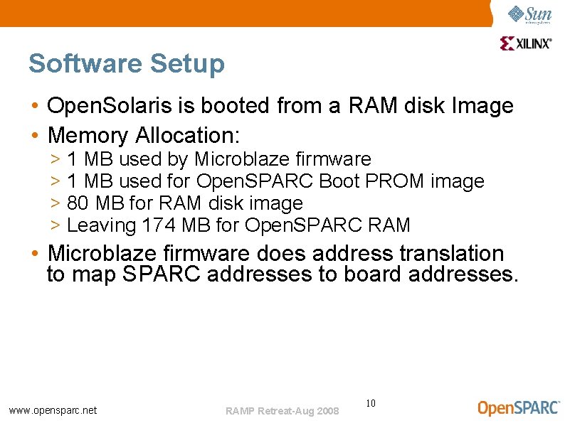 Software Setup • Open. Solaris is booted from a RAM disk Image • Memory