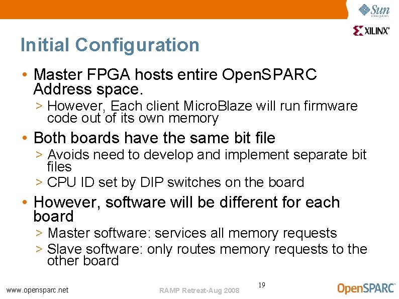 Initial Configuration • Master FPGA hosts entire Open. SPARC Address space. > However, Each