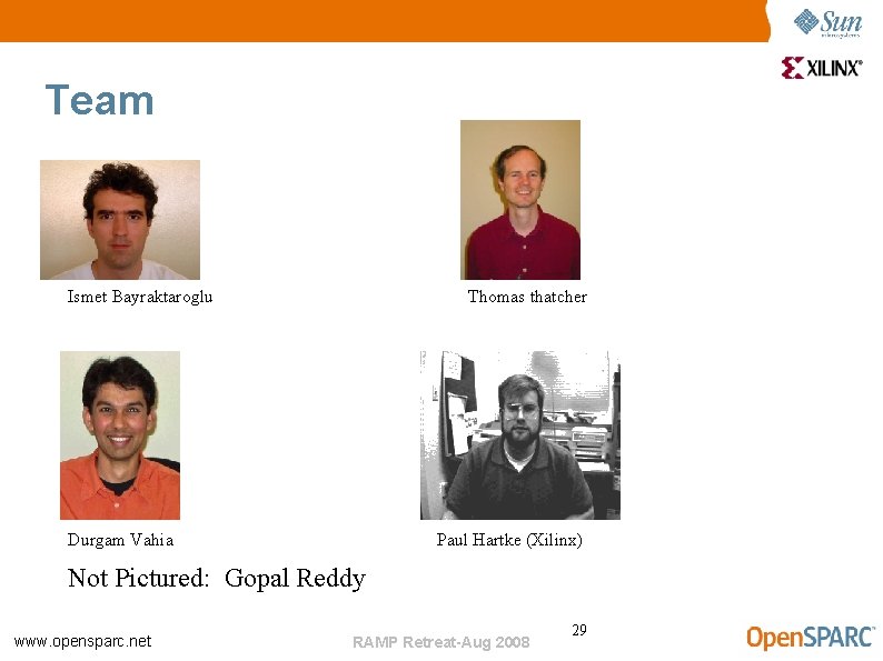 Team Ismet Bayraktaroglu Thomas thatcher Durgam Vahia Paul Hartke (Xilinx) Not Pictured: Gopal Reddy