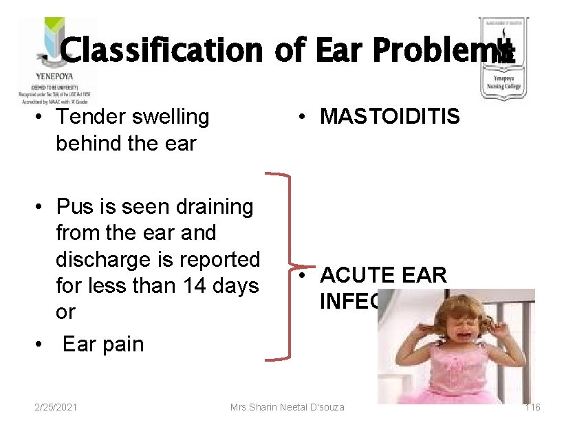 Classification of Ear Problems • Tender swelling behind the ear • MASTOIDITIS • Pus