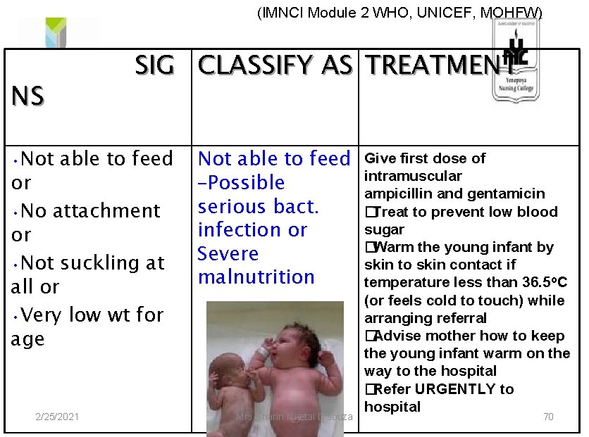 (IMNCI Module 2 WHO, UNICEF, MOHFW) SIG CLASSIFY AS TREATMENT NS • Not able