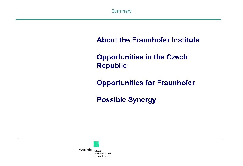 Summary About the Fraunhofer Institute Opportunities in the Czech Republic Opportunities for Fraunhofer Possible