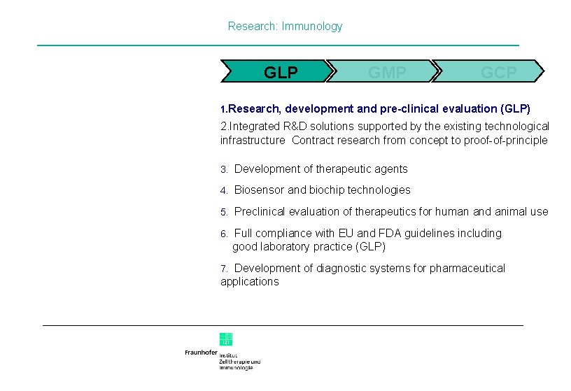 Research: Immunology GLP GMP GCP 1. Research, development and pre-clinical evaluation (GLP) 2. Integrated