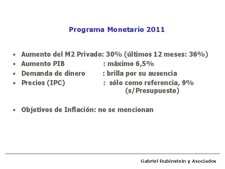 Programa Monetario 2011 • • Aumento del M 2 Privado: 30% (últimos 12 meses: